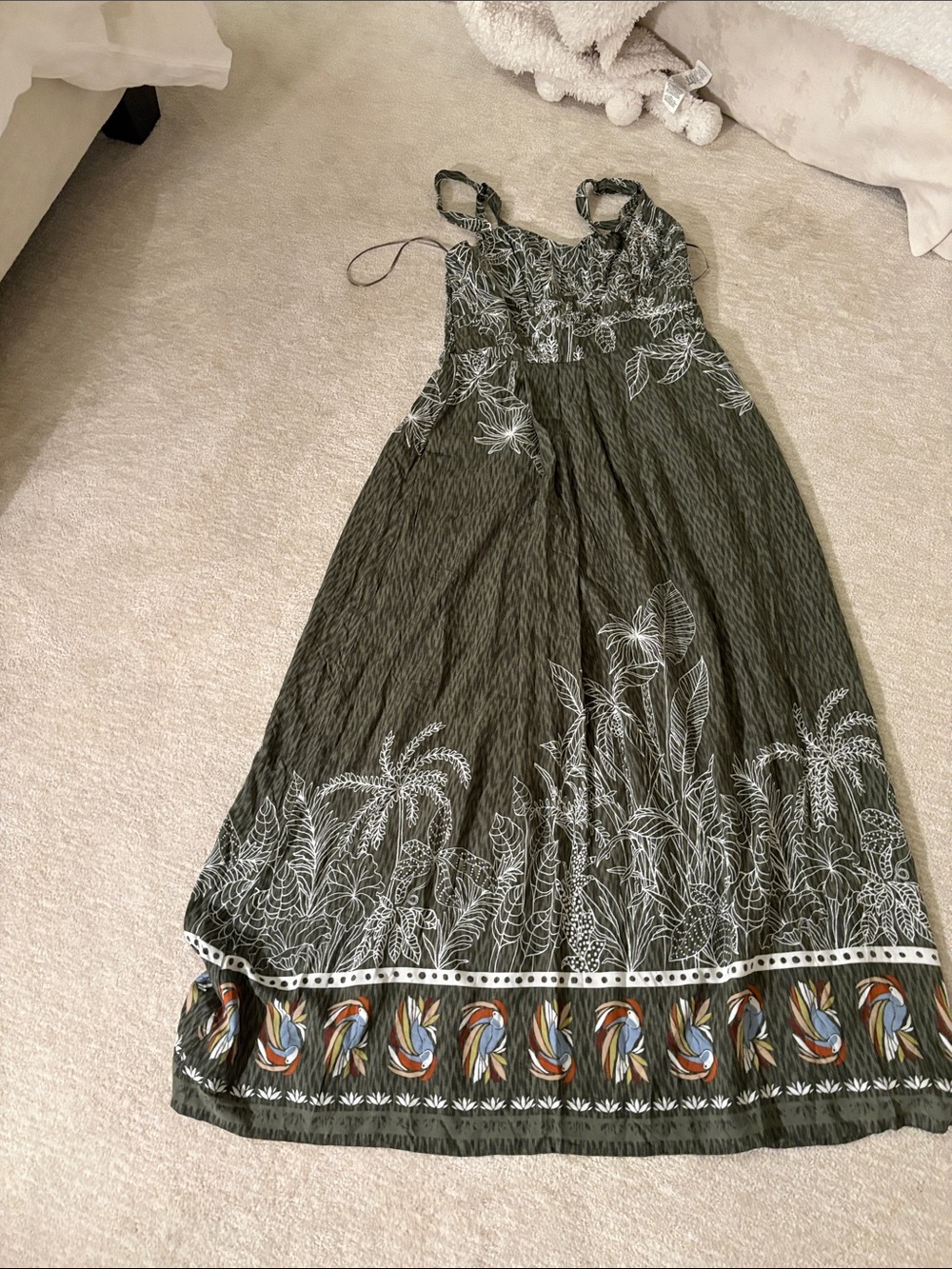 T.J.Maxx Olive Green Floral Maxi Dress with White Botanical Print